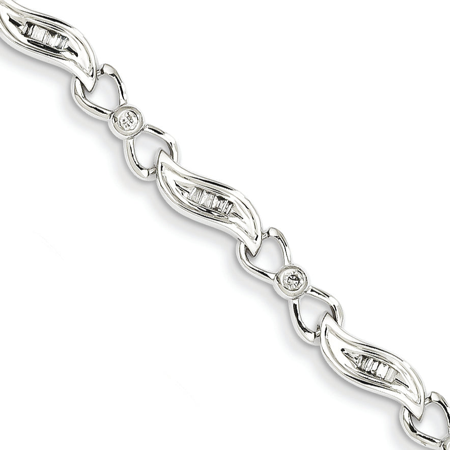 14K White Gold Diamond Bracelet with Baguette & Round Stones, Polished Finish