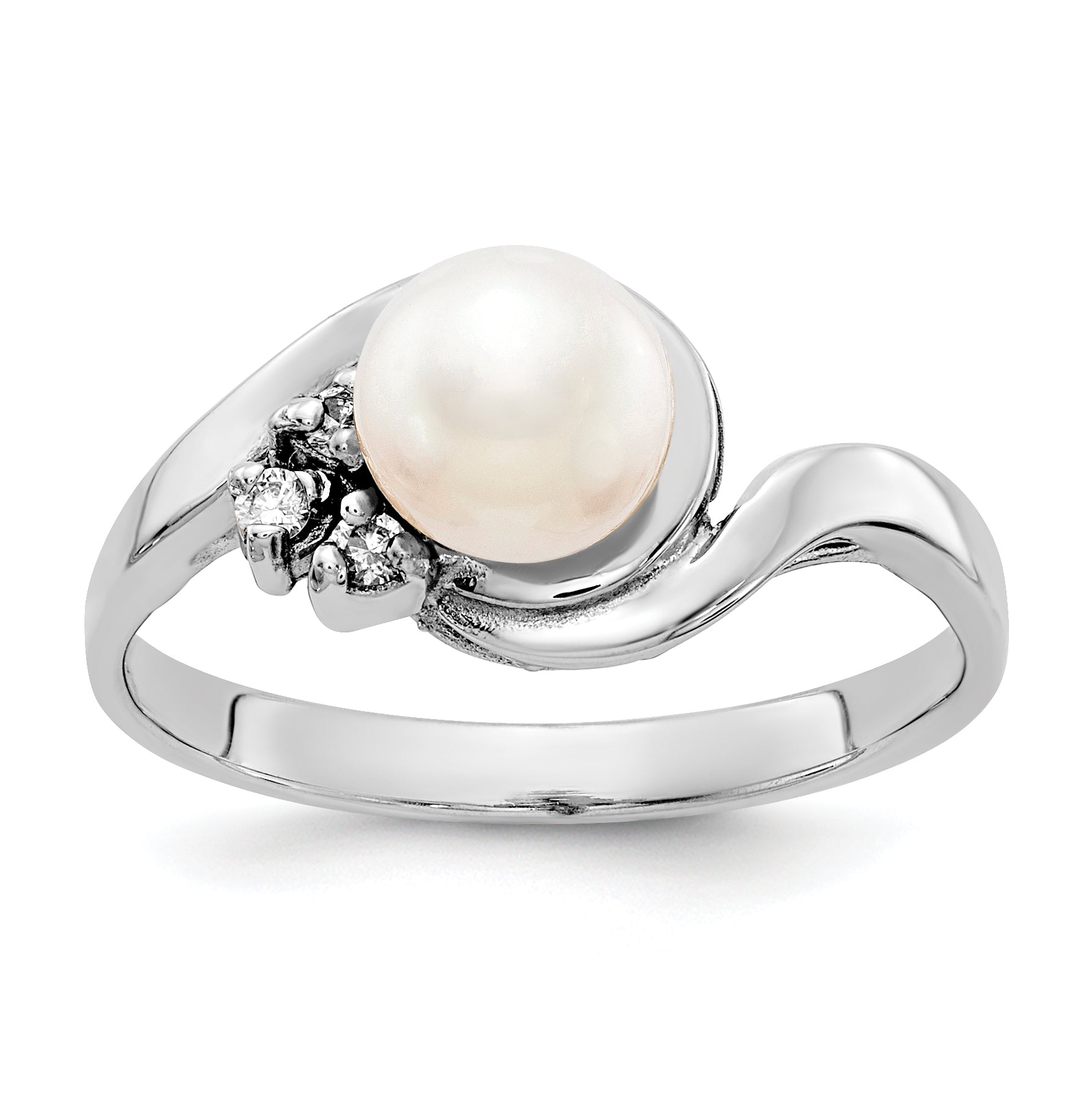 14k White Gold 6mm Fresh Water Cultured Pearl AA Diamond Ring Main image