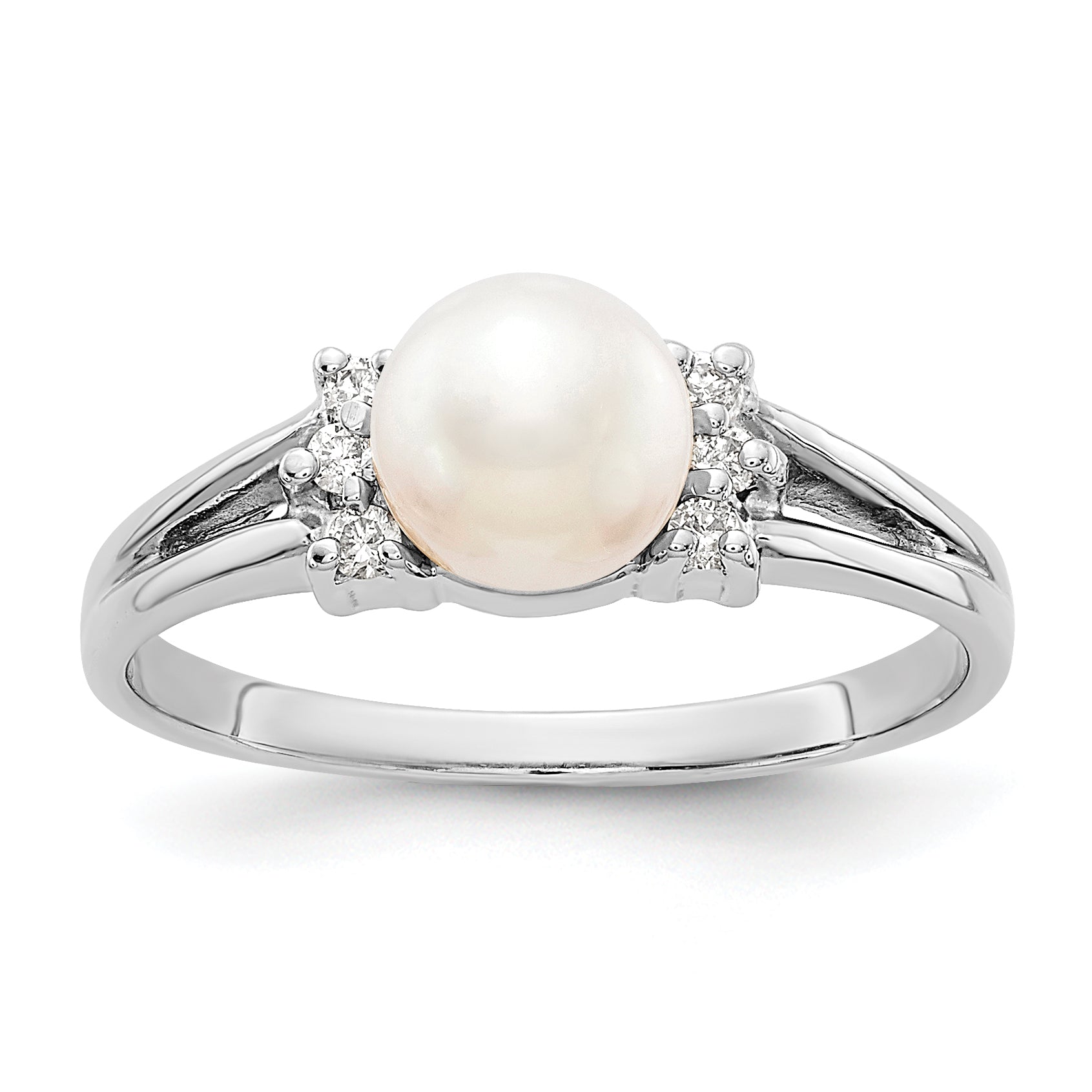 14k White Gold 6mm Fresh Water Cultured Pearl AA Diamond ring Main image