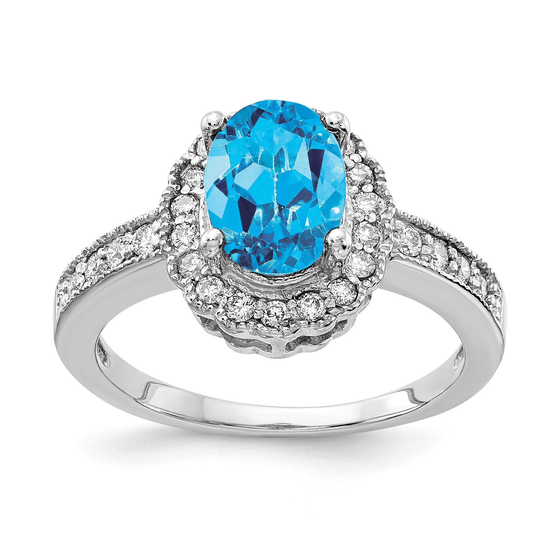 14k White Gold 8x6mm Oval Blue Topaz AA Diamond ring Main image