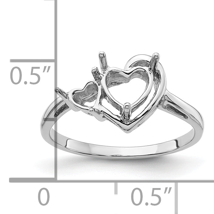 14k White Gold 6mm Heart/4mm Heart Gemstone Ring Mounting (No Stone Included)