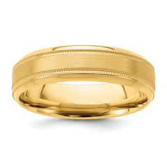 14k Yellow Gold 6mm Standard Weight Comfort Fit Brushed Satin/Polished Milgrain Grooved Edge Wedding Band Size 13.5