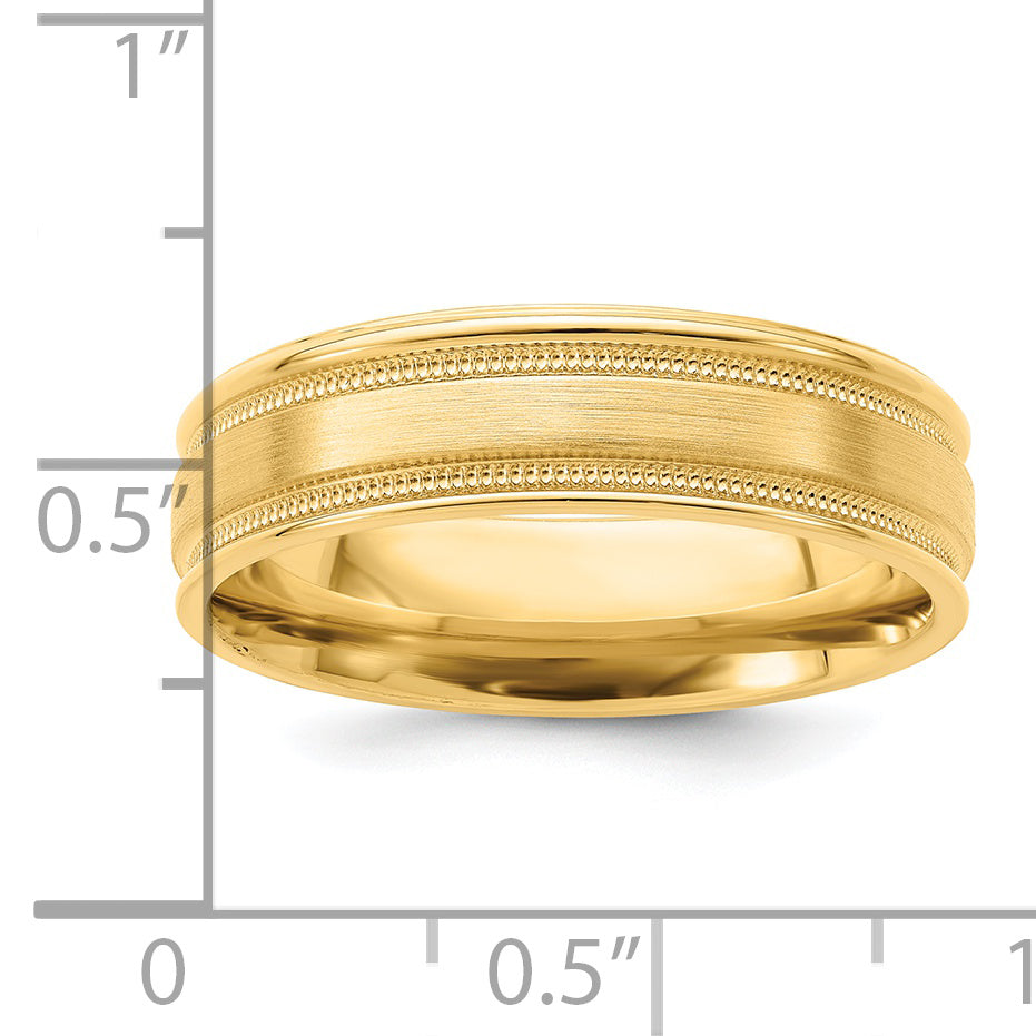14k Yellow Gold 6mm Heavyweight Comfort Fit Brushed Satin/Polished Milgrain Grooved Edge Wedding Band Size 7