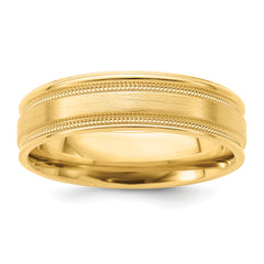 14k Yellow Gold 6mm Standard Weight Comfort Fit Brushed Satin/Polished Milgrain Grooved Edge Wedding Band Size 13.5