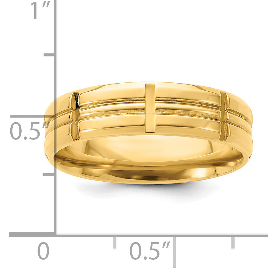 14k Yellow Gold 6mm Heavyweight Comfort Fit Brushed Satin Grooved with Vertical Lines Wedding Band Size 7