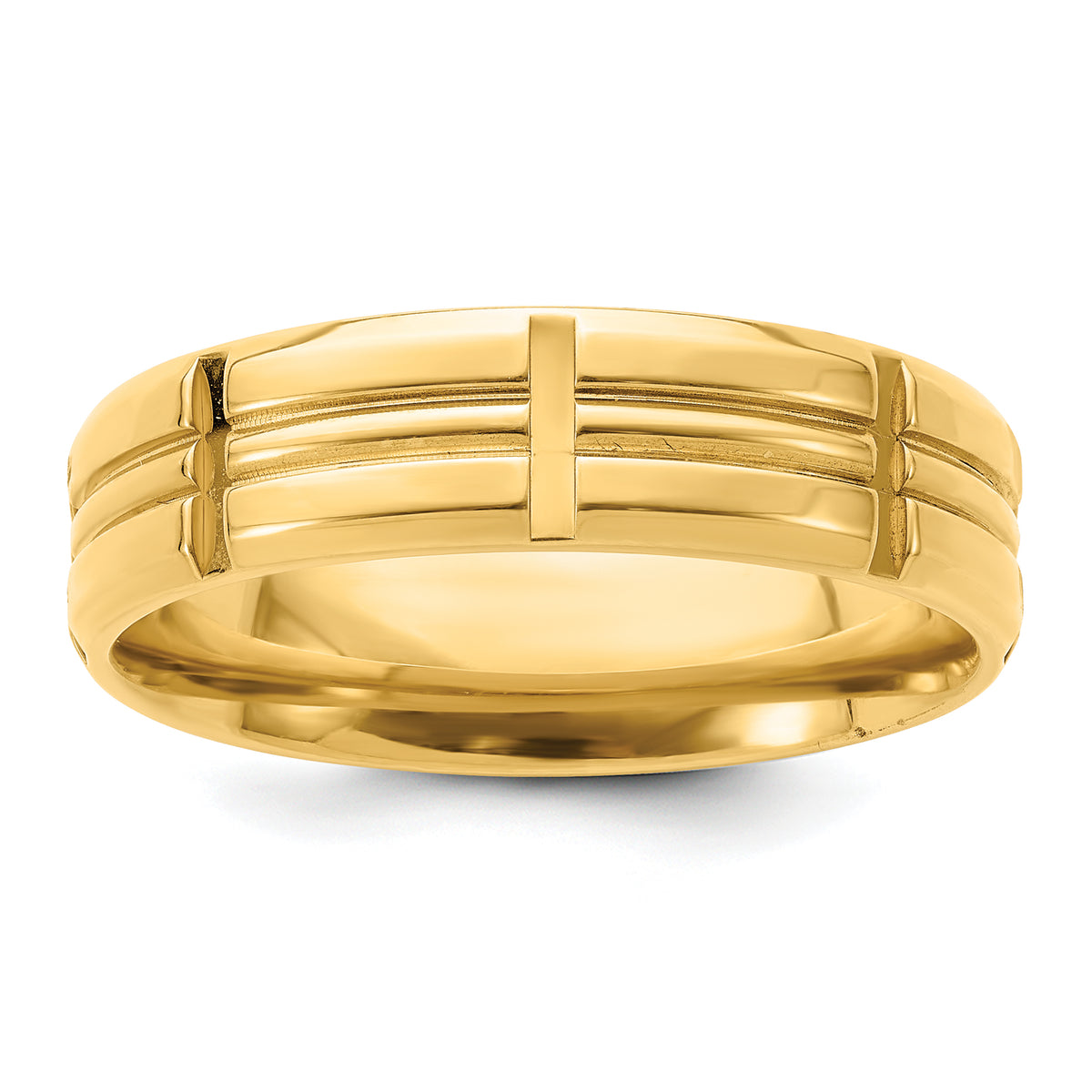 14k Yellow Gold 6mm Standard Weight Comfort Fit Brushed Satin Grooved with Vertical Lines Wedding Band Size 13.5