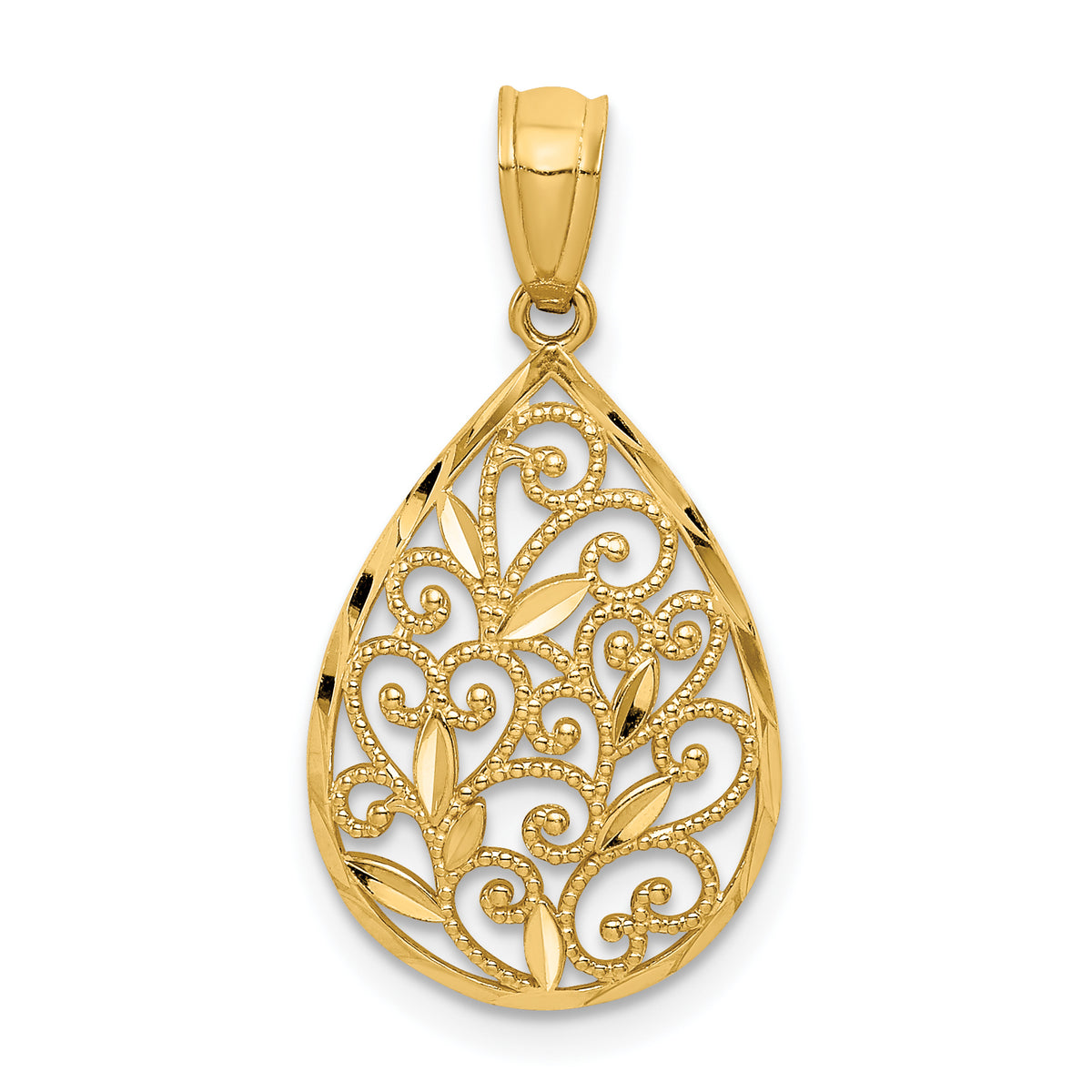 14K Gold Polished and Textured Small Filigree Teardrop Pendant