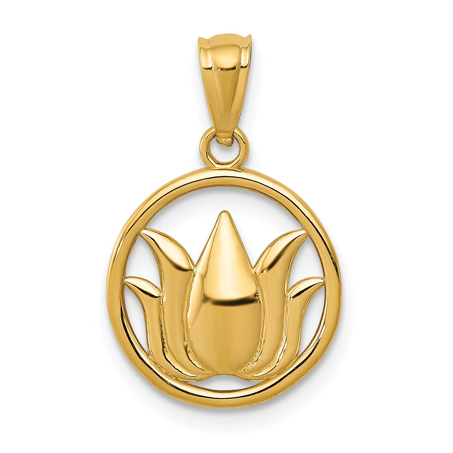 14K Gold Polished Lotus Flower in Circle Pendant