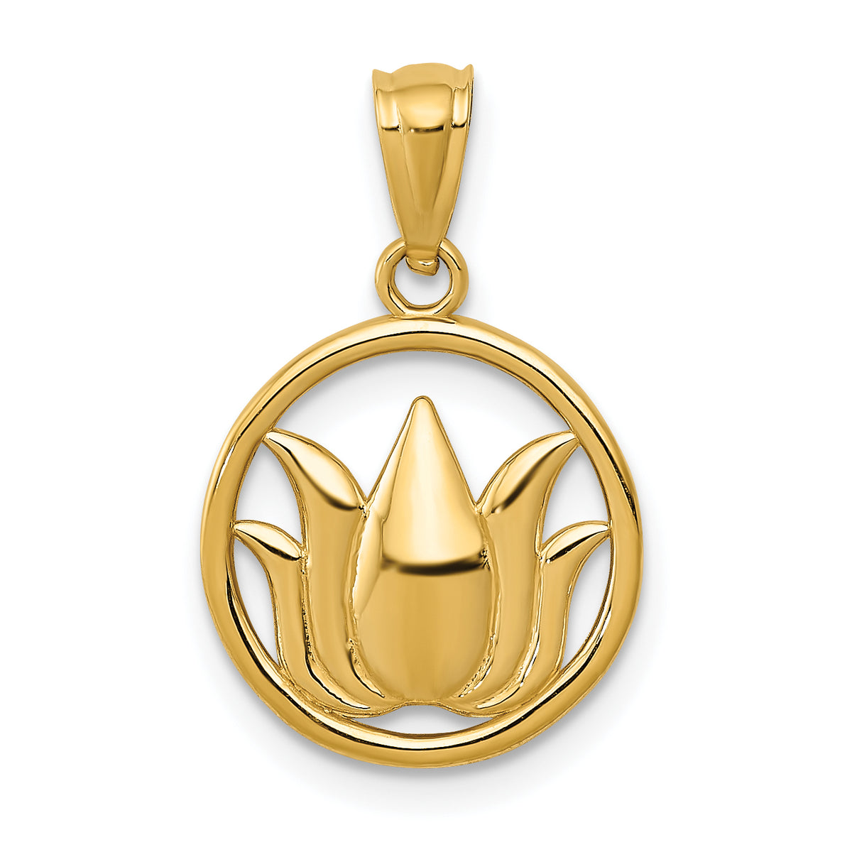 14K Gold Polished Lotus Flower in Circle Pendant