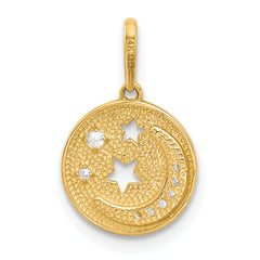 14k Polished CZ Moon and Stars in Disc Pendant