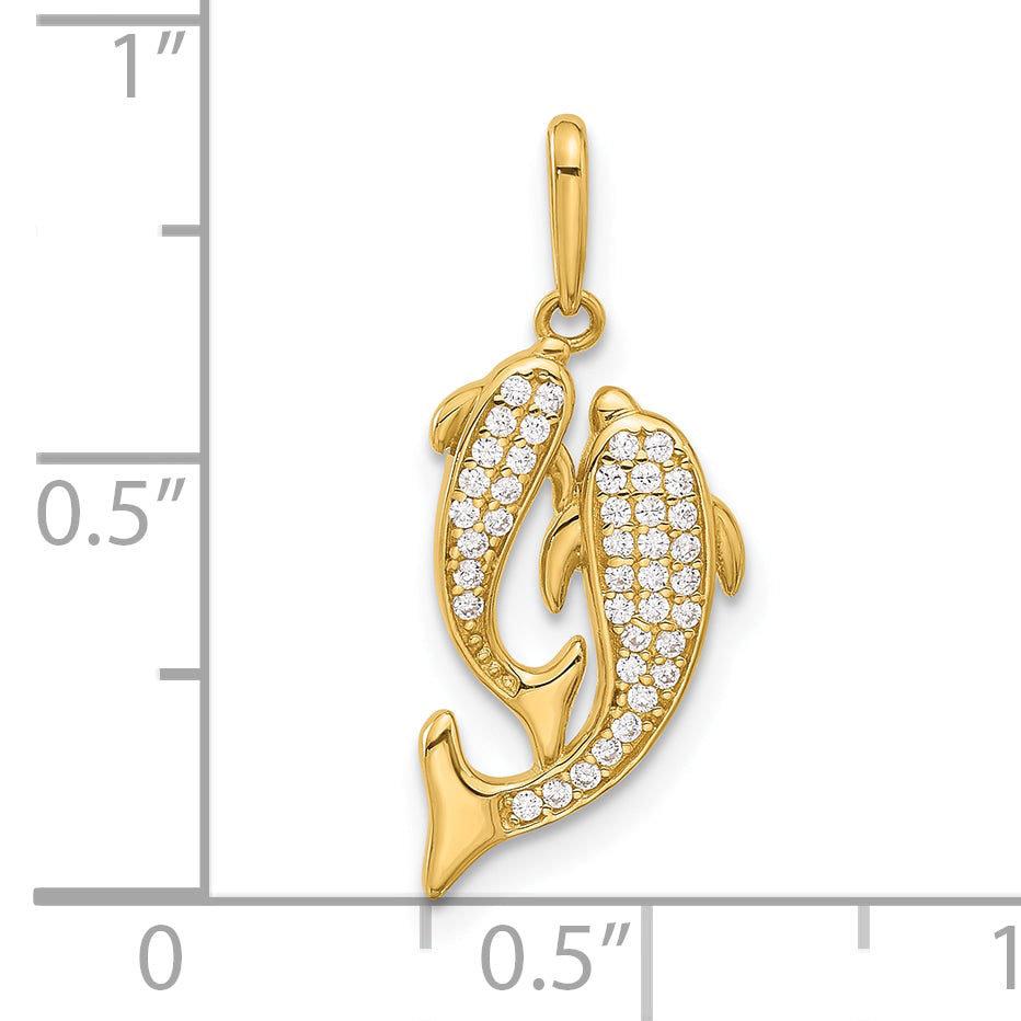 14k Polished CZ Two Dolphins Pendant