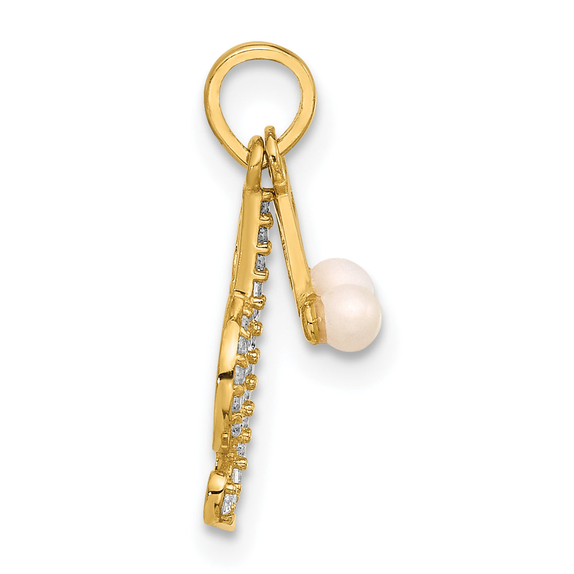 14K Polished CZ and Freshwater Cultured Pearl Music Notes Pendant