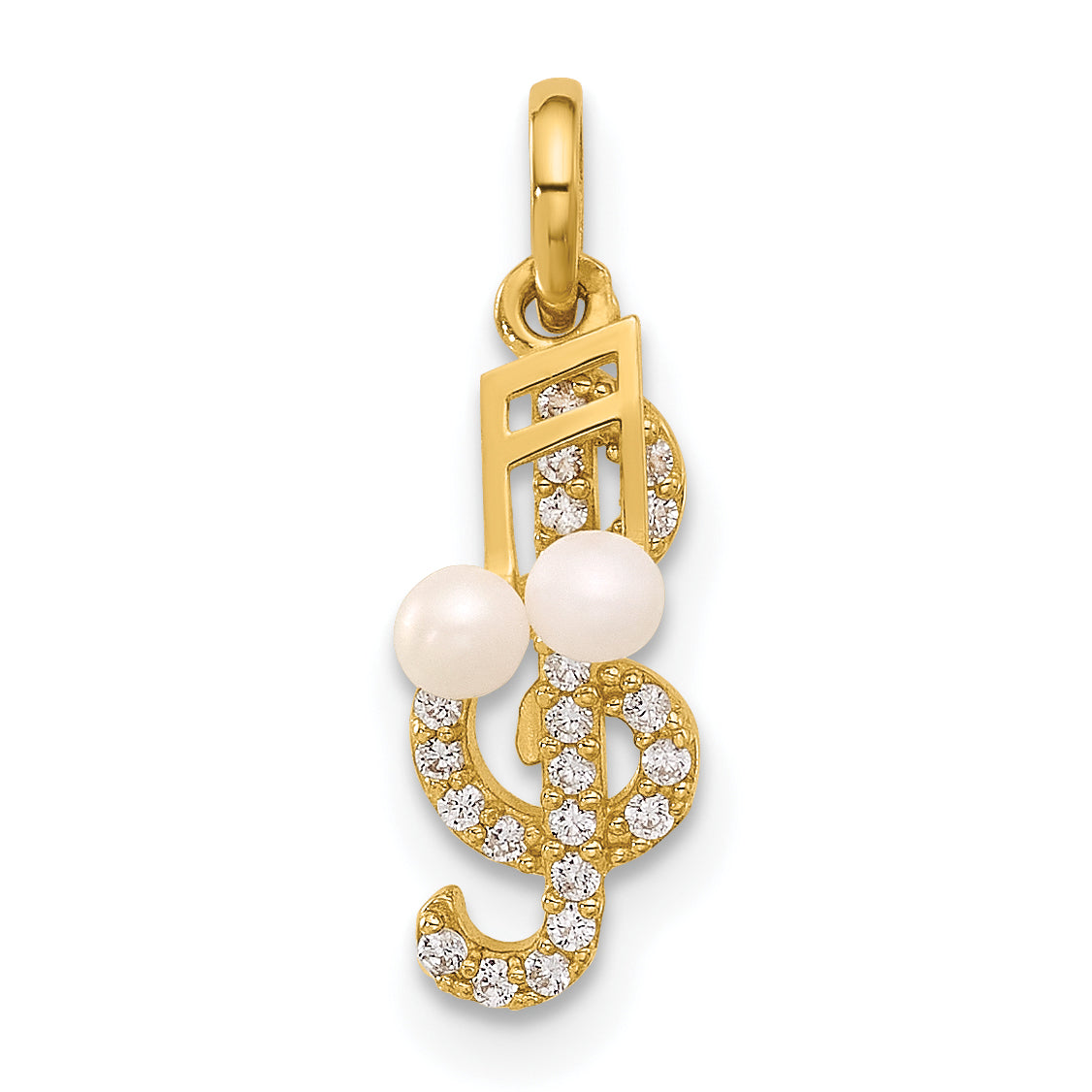 14K Polished CZ and Freshwater Cultured Pearl Music Notes Pendant