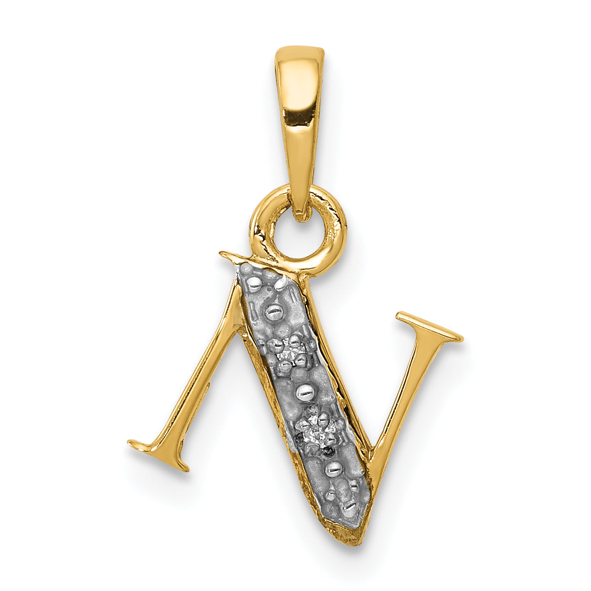 14KY with Rhodium Diamond Letter N Initial Pendant