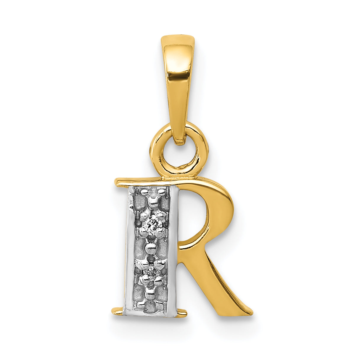 14KY with Rhodium Diamond Letter R Initial Pendant