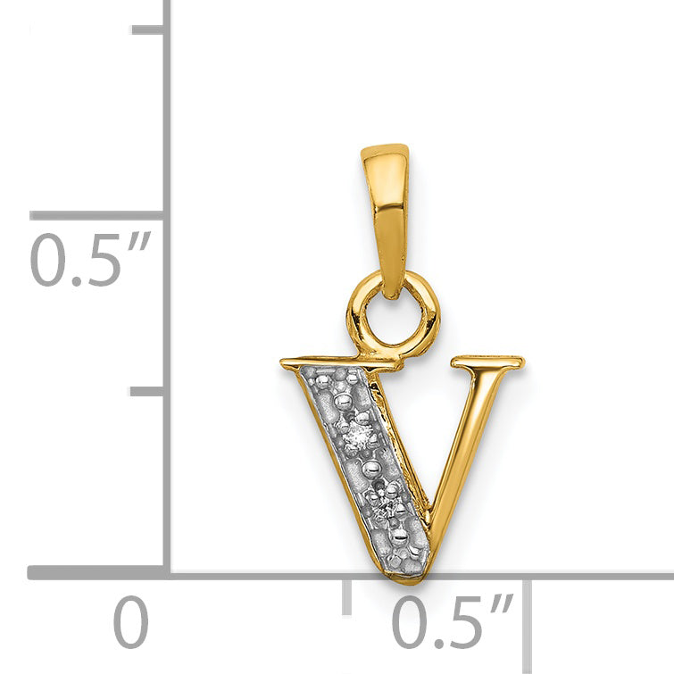 14K & Rhodium Polished .01ct Diamond Initial V Charm
