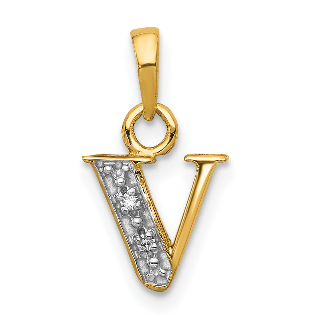 14KY with Rhodium Diamond Letter V Initial Pendant