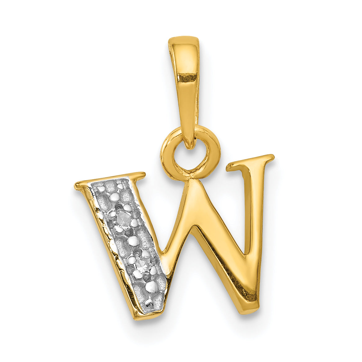 14KY with Rhodium Diamond Letter W Initial Pendant