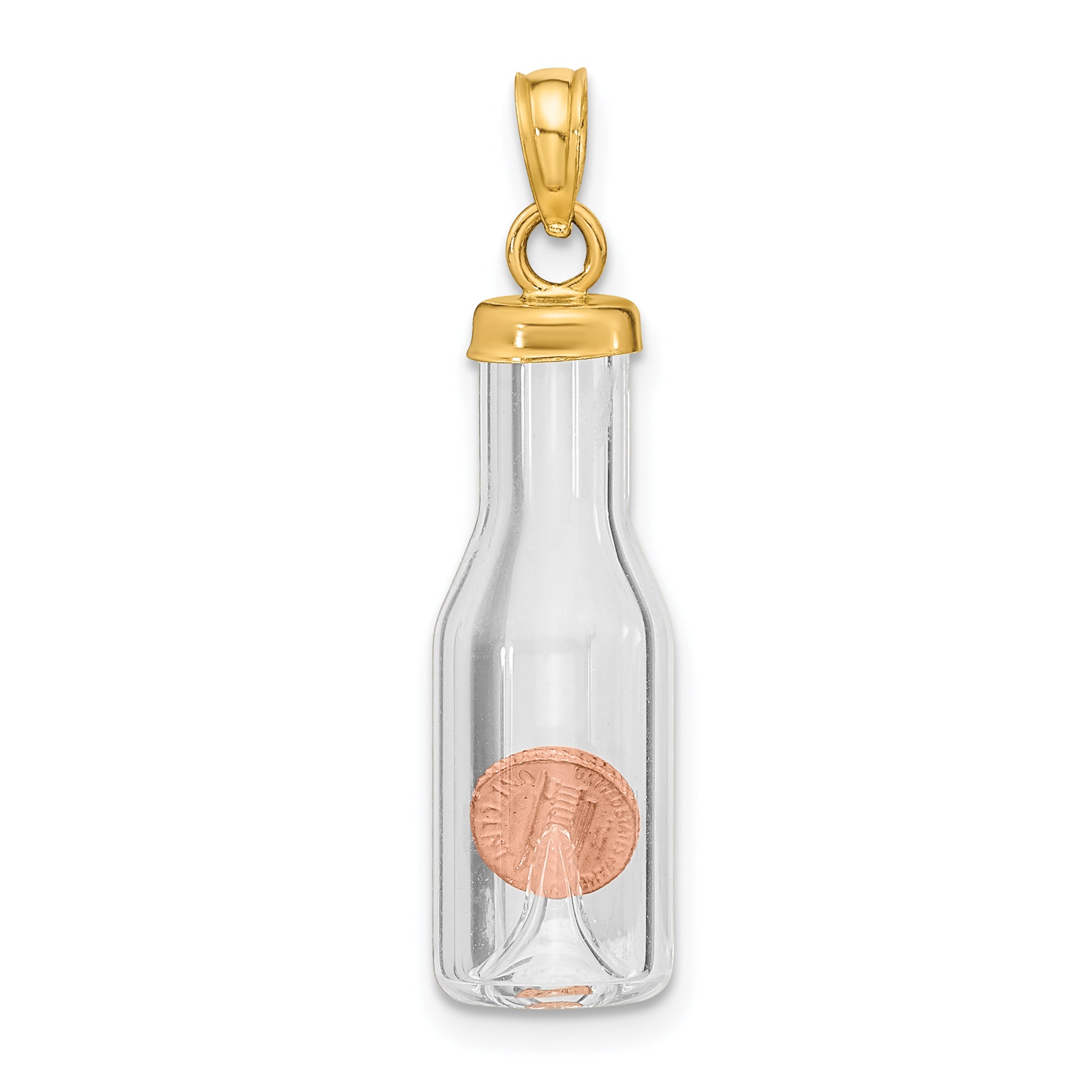 14k 3-D Mini Penny in Glass Bottle Pendant