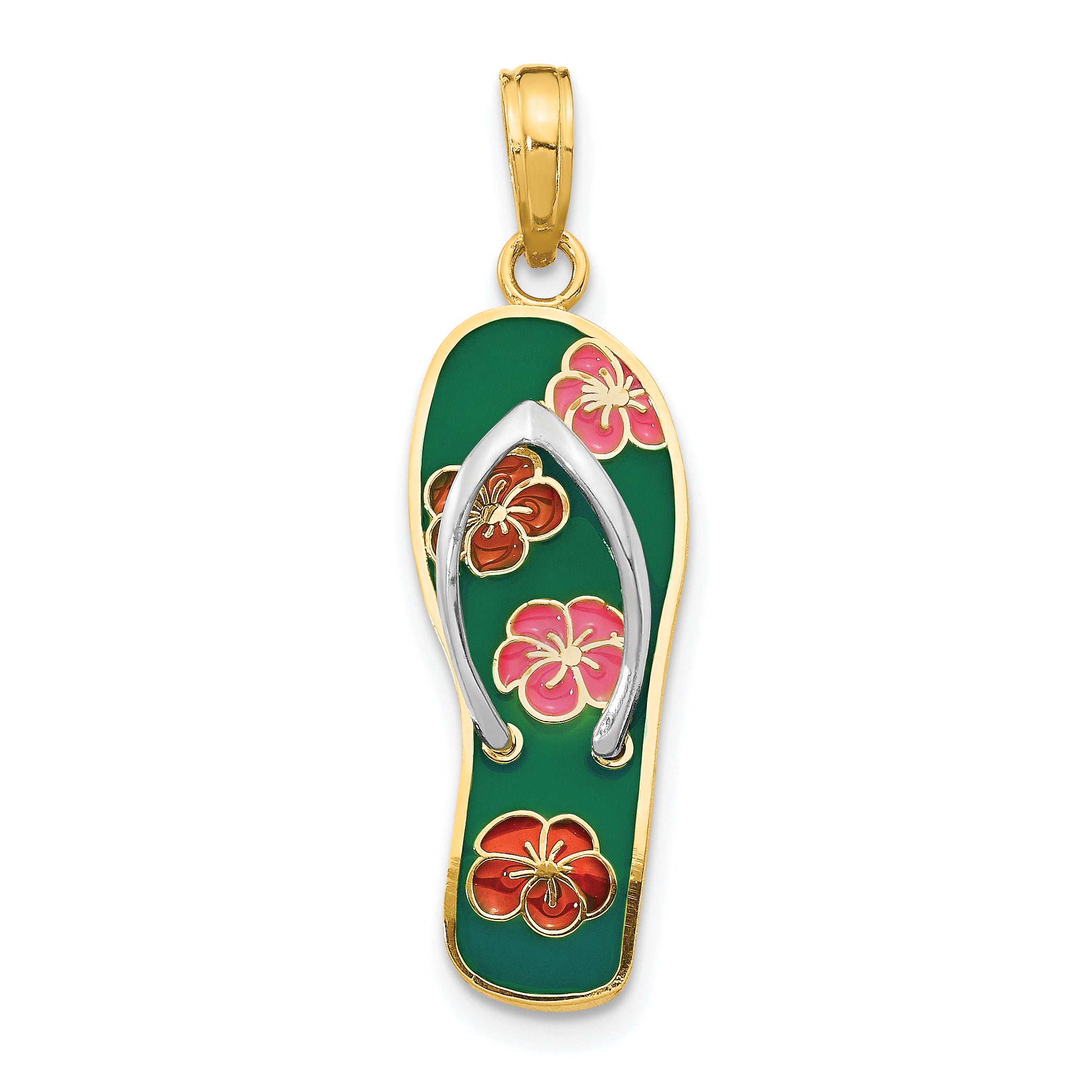 14K Rhodium 3D Enameled Flowers On Green Flip Flop Pendant