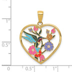14K Enameled Hummingbird With Flowers Heart Pendant