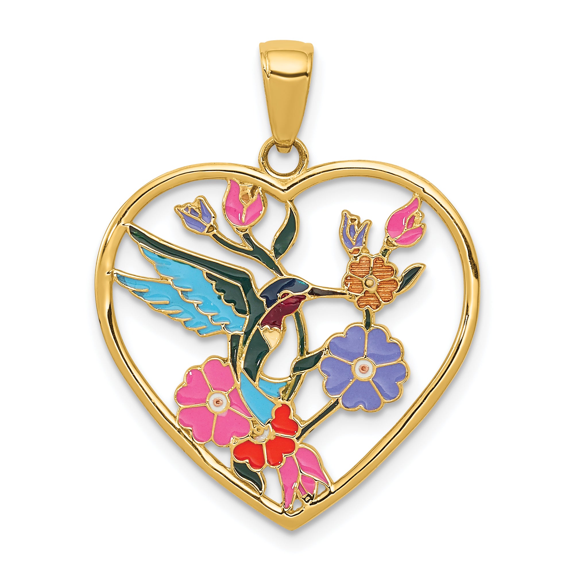 14k Enameled Hummingbird w/Flowers Heart Pendant Main image