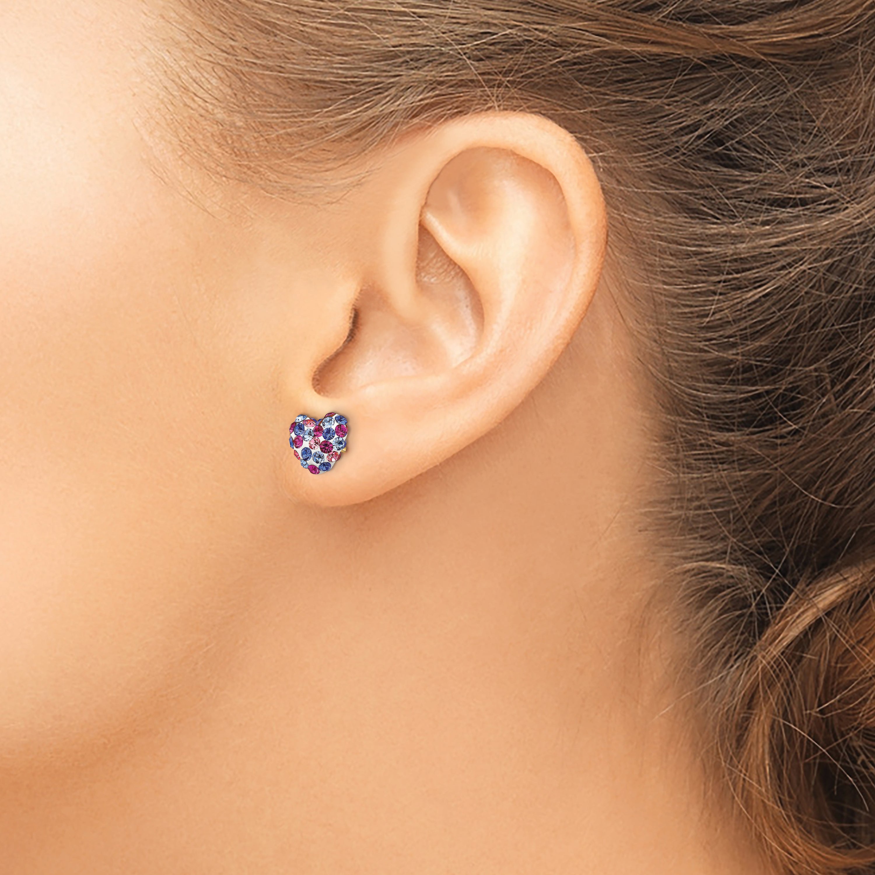14k Blue Pink White Crystal 8mm Heart Post Earrings
