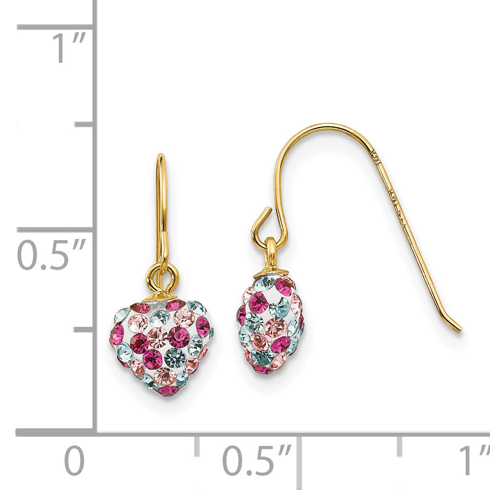 14k Multi-colored Crystal Heart Dangle Earrings