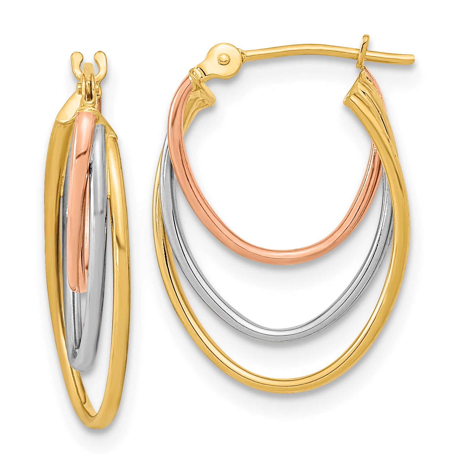 14k Tri-Color Diamond-cut Graduated 3 Ring Hoops