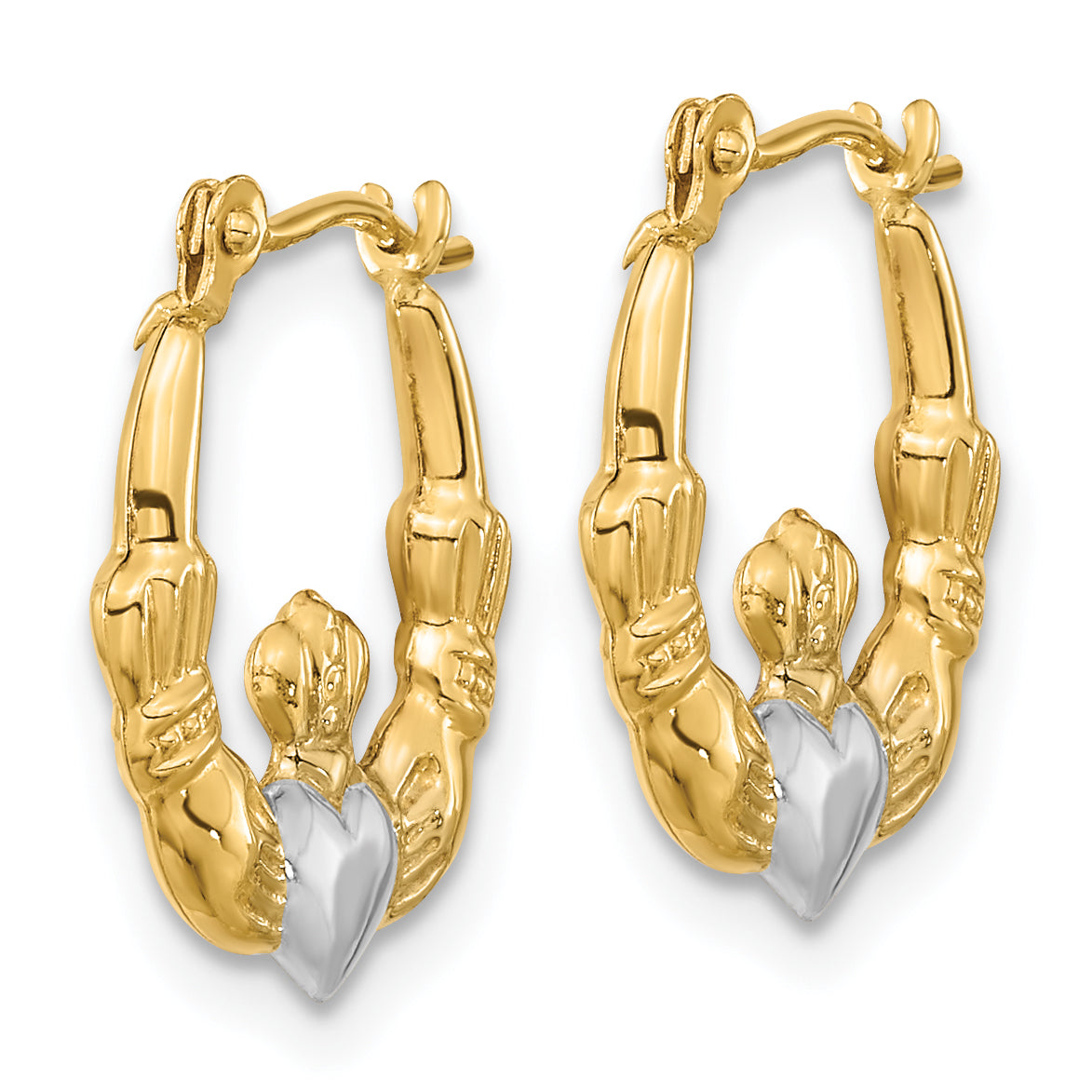 14k w/White Rhodium Polished Claddagh Hoops Secondary image