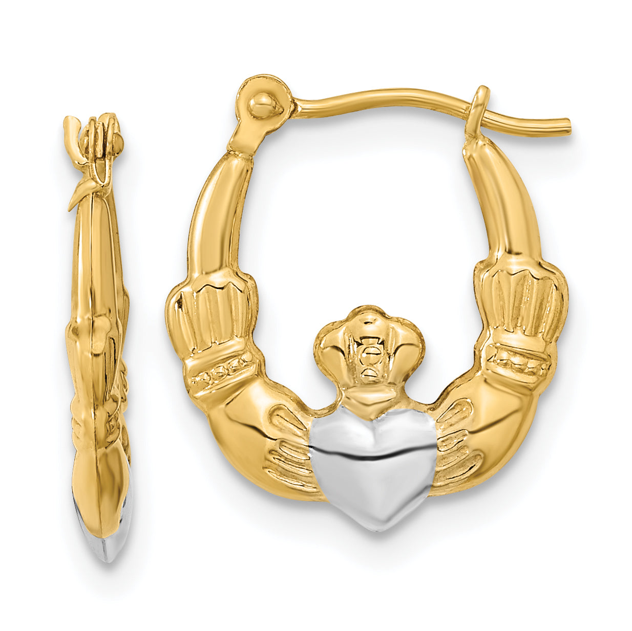 14k w/White Rhodium Polished Claddagh Hoops Main image