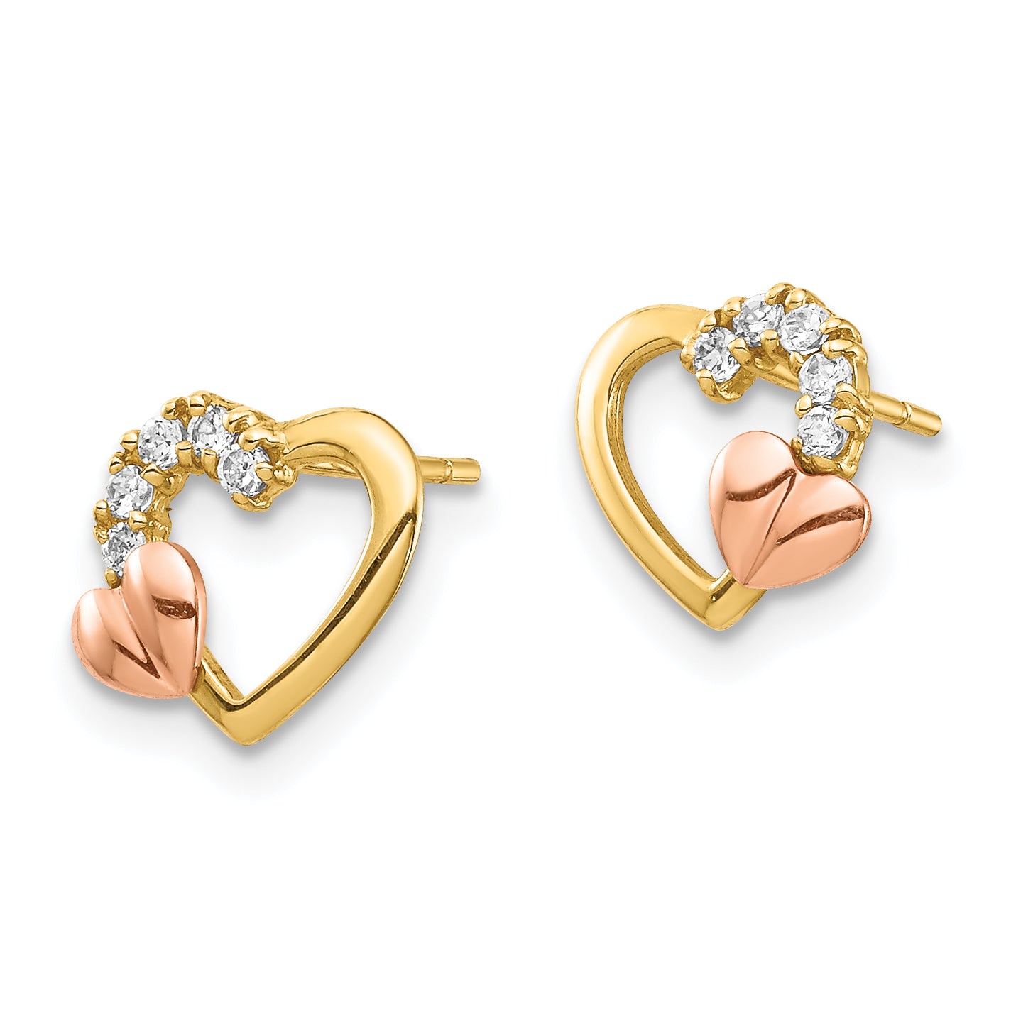 14K Two-Tone CZ Heart Post Earrings Secondary image
