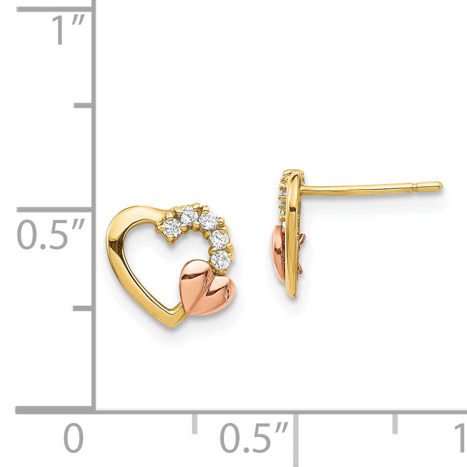 14K Two-Tone CZ Heart Post Earrings