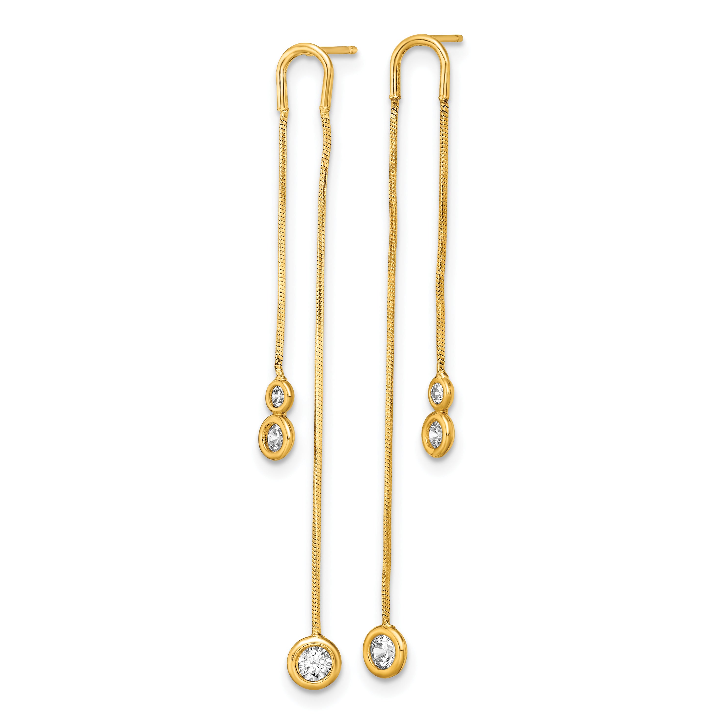 14k Yellow Gold Polished CZ Double Chain Dangle Post Earrings