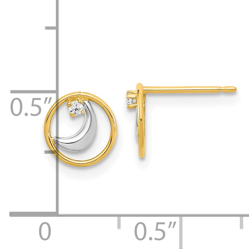 14K Gold White Rhodium Open Circle CZ Half Moon Post Earrings
