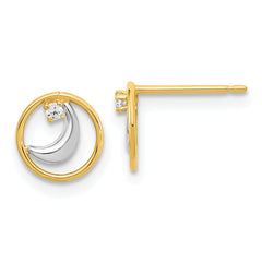 14K Gold White Rhodium Open Circle CZ Half Moon Post Earrings