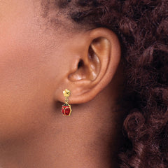 14k Polished Enameled Flower with Ladybug Post Dangle Earrings