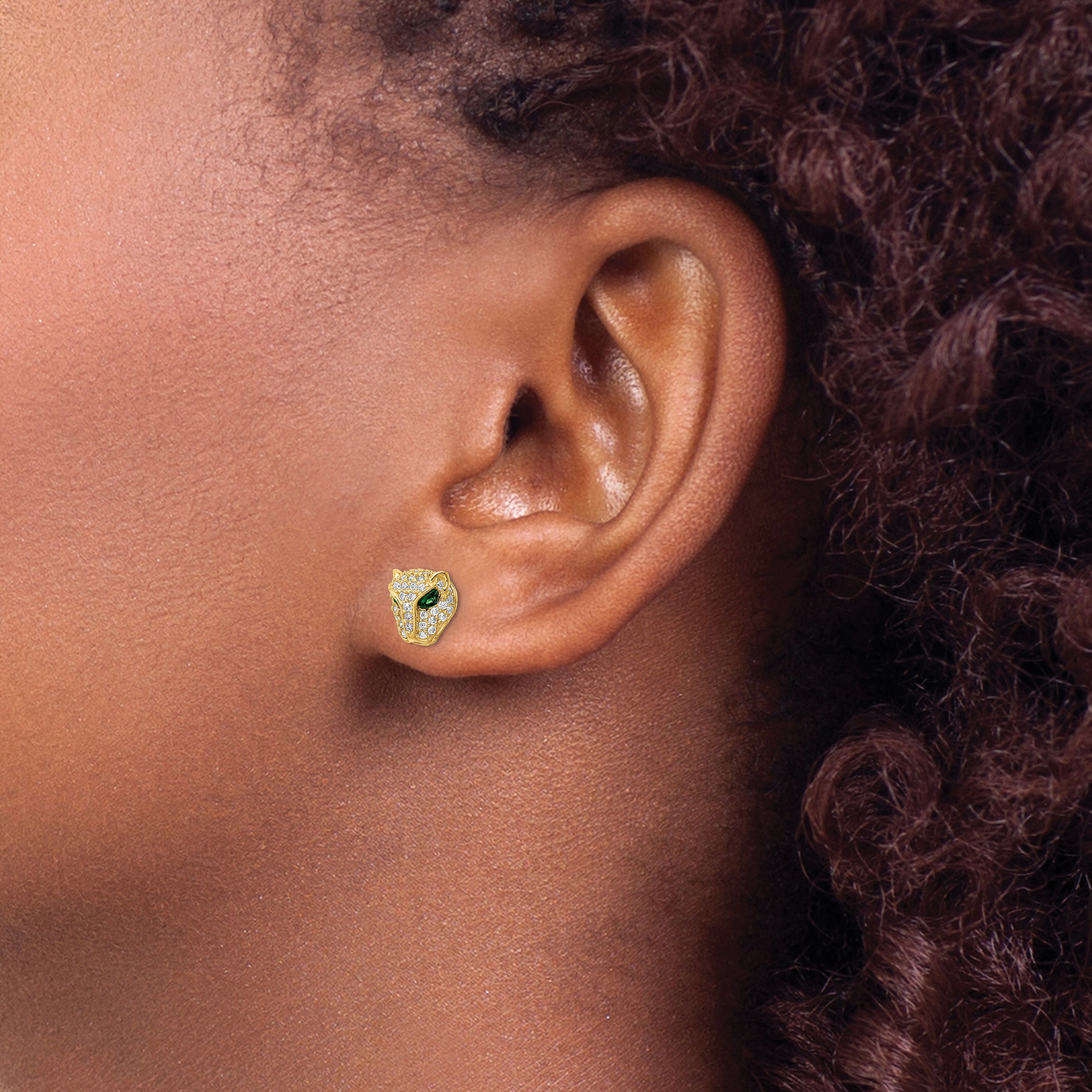 14K Polished Green & White CZ Lioness Head Post Earrings