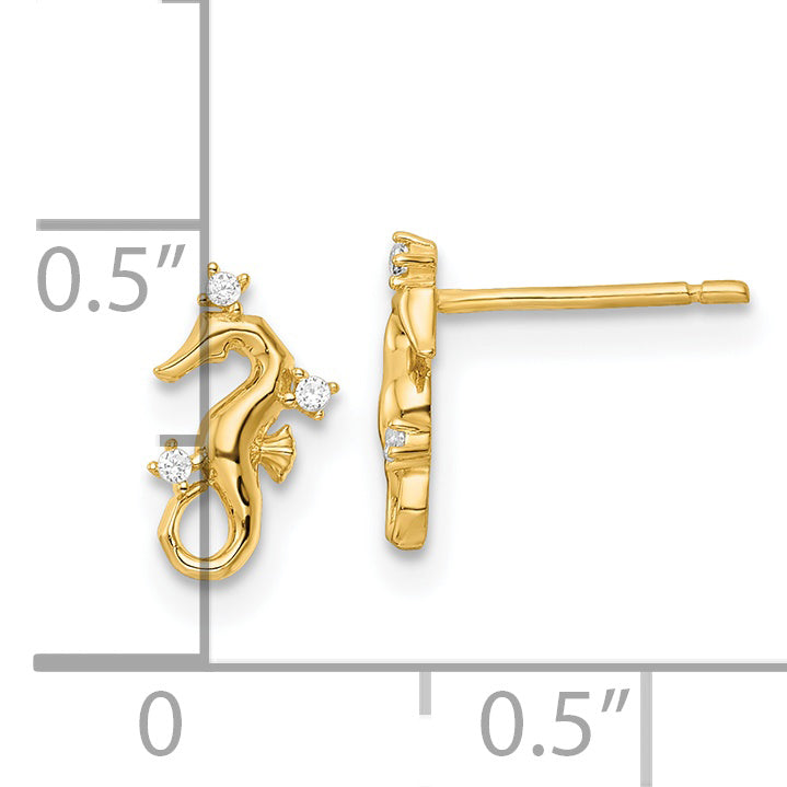 14k Yellow Gold Polished CZ Seahorse Post Earrings