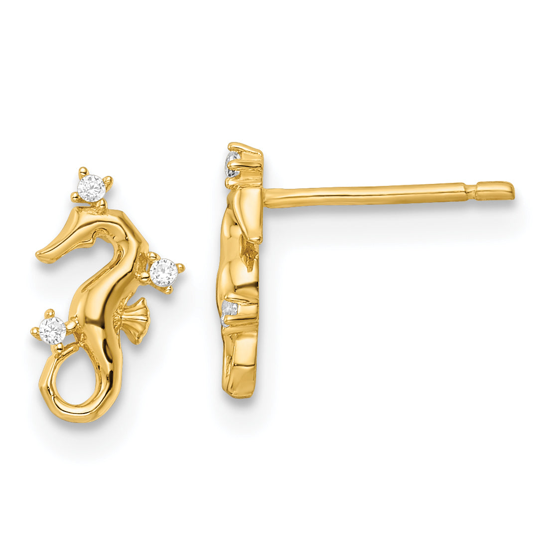 14k Yellow Gold Polished CZ Seahorse Post Earrings