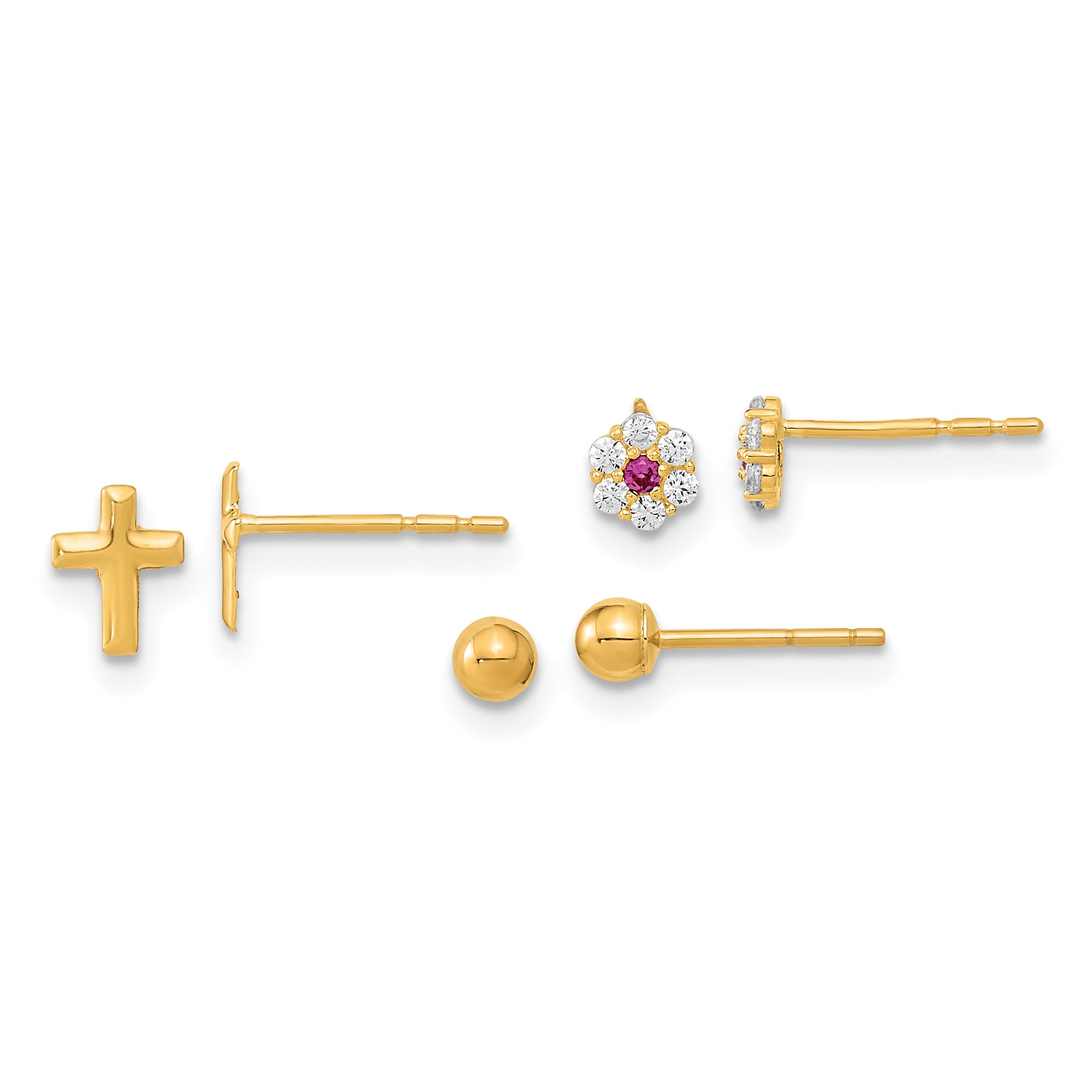 14K Polished Set of Ball Post CZ Flowers and Cross 3 Pair Earrings Set