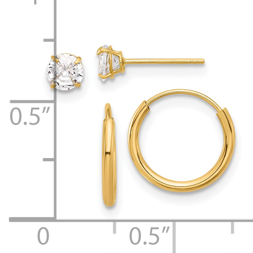 14K Polished CZ Studs and Small Endless Hoop Earring Set