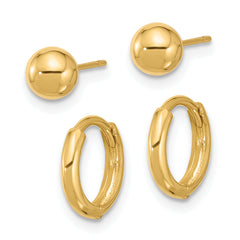 14K Polished 5mm Ball and Hinged Hoop Earring Set