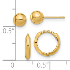 14K Polished 5mm Ball and Hinged Hoop Earring Set