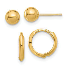 14K Polished 5mm Ball and Hinged Hoop Earring Set