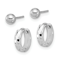 14K White Gold Polished 4mm Ball and D/C Hinged Hoop Earring Set