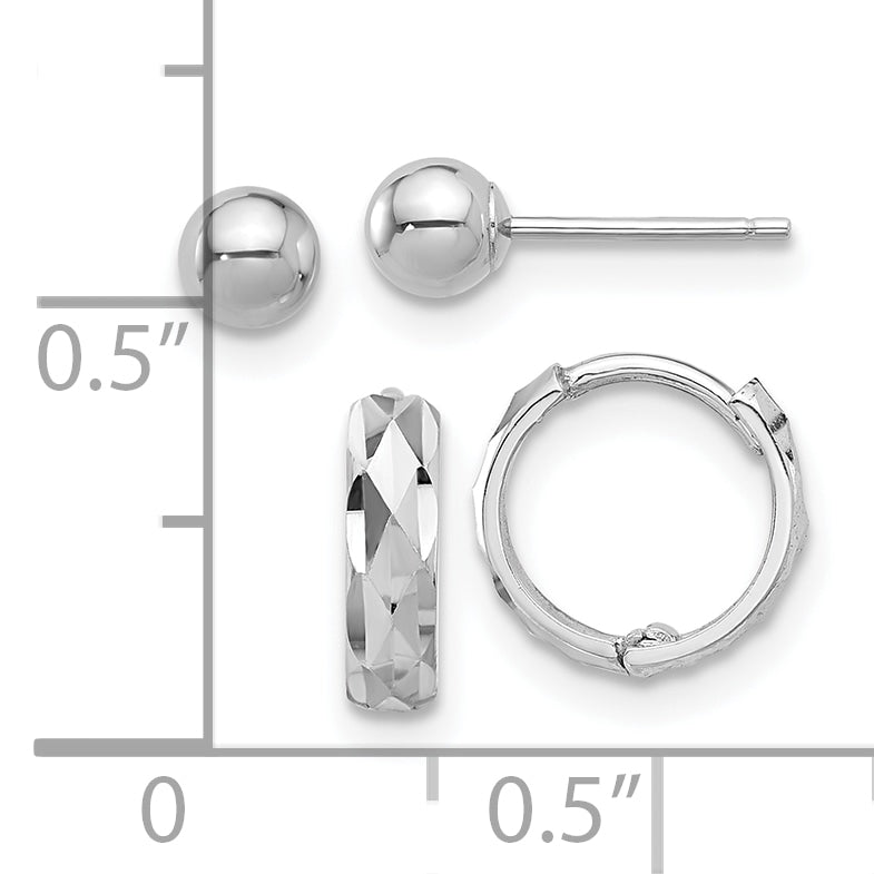 14K White Gold Polished 4mm Ball and D/C Hinged Hoop Earring Set