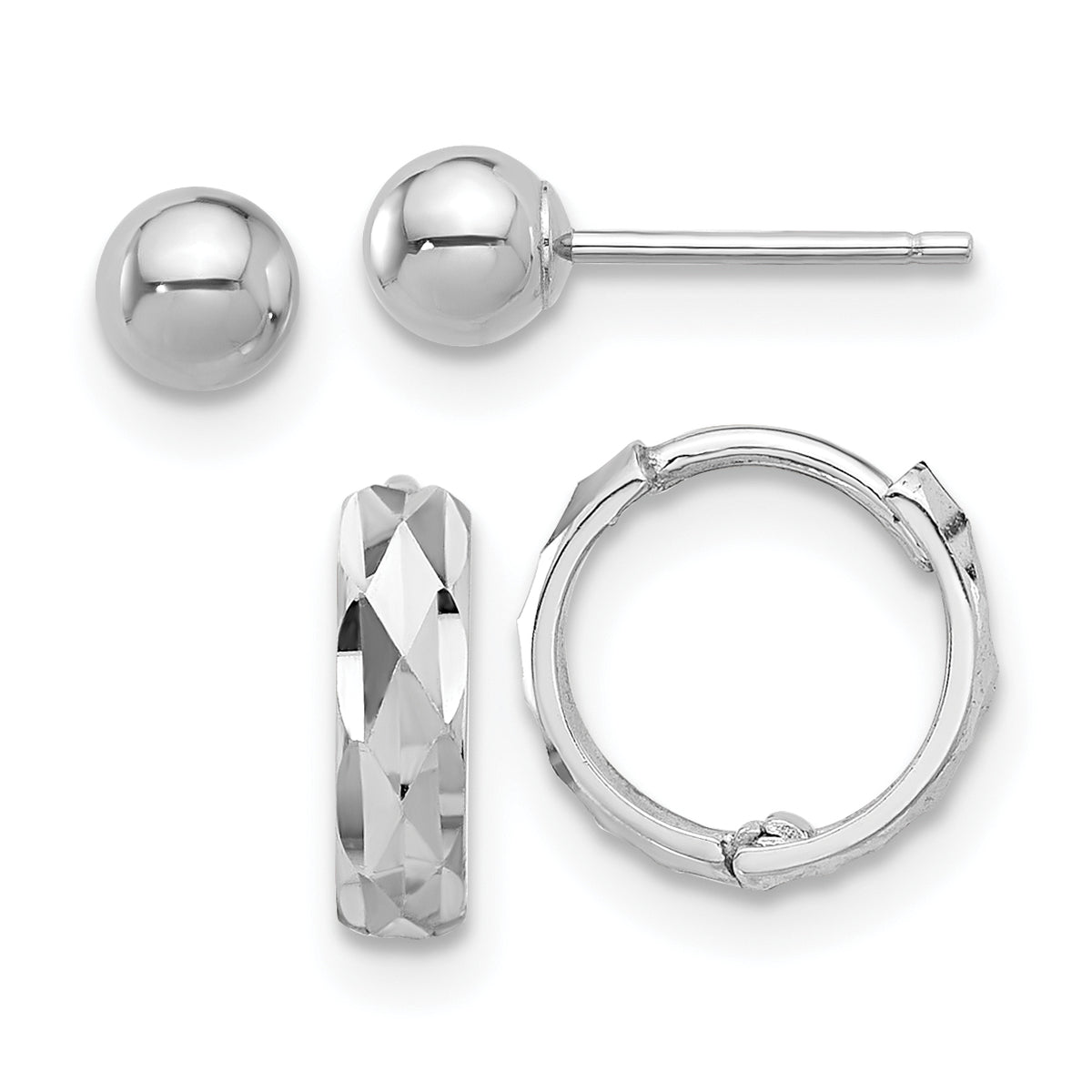 14K White Gold Polished 4mm Ball and D/C Hinged Hoop Earring Set