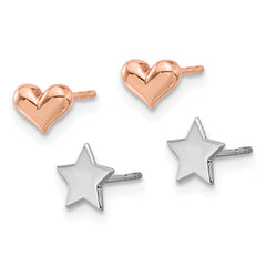 14K White Gold Star and Rose Gold Heart Post Earring Set