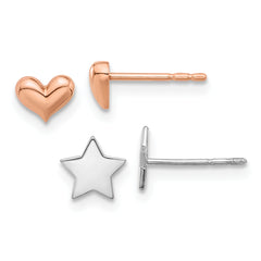 14K White Gold Star and Rose Gold Heart Post Earring Set